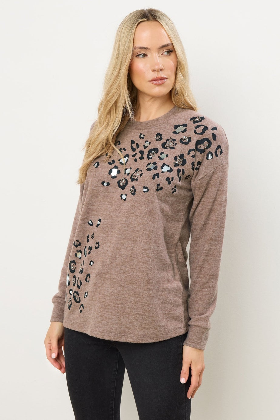 Long Tall Sally Brown Animal Embellished Jumper