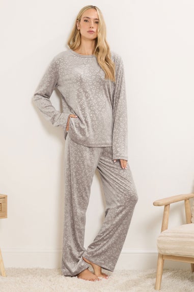 Long Tall Sally Stone Brown Leopard Embossed Luxe Fleece Pyjama Set