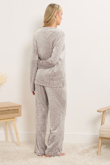 Long Tall Sally Stone Brown Leopard Embossed Luxe Fleece Pyjama Set