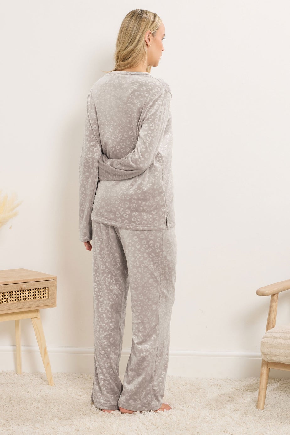 Long Tall Sally Stone Brown Leopard Embossed Luxe Fleece Pyjama Set