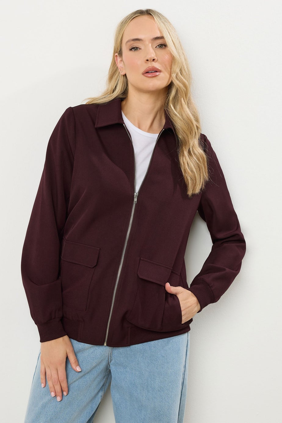Long Tall Sally Burgundy Red Pocket Bomber Jacket