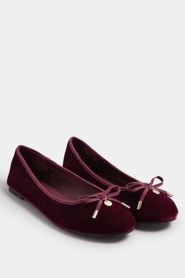 Long Tall Sally Burgundy Red Velvet Bow Ballerina Pumps In Standard Fit