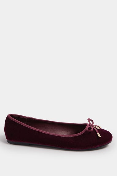 Long Tall Sally Burgundy Red Velvet Bow Ballerina Pumps In Standard Fit