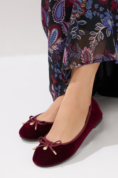 Long Tall Sally Burgundy Red Velvet Bow Ballerina Pumps In Standard Fit