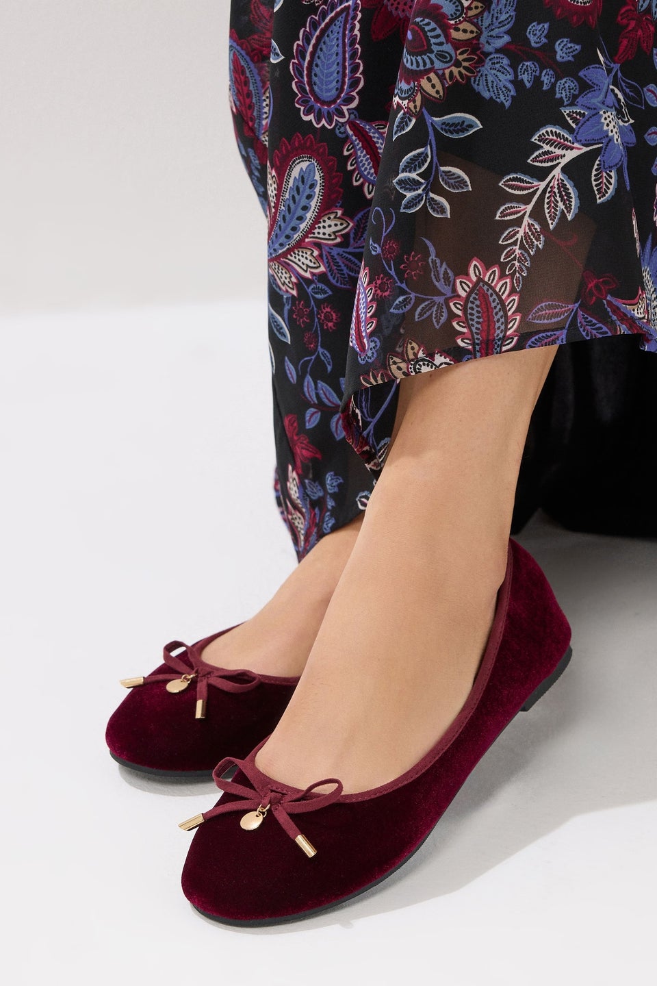 Long Tall Sally Burgundy Red Velvet Bow Ballerina Pumps In Standard Fit