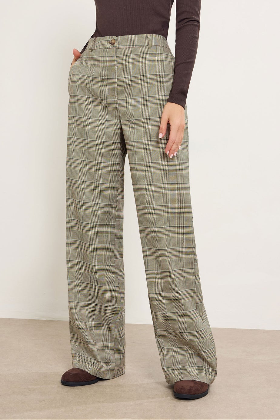 Long Tall Sally Beige Brown Check Wide Leg Trousers