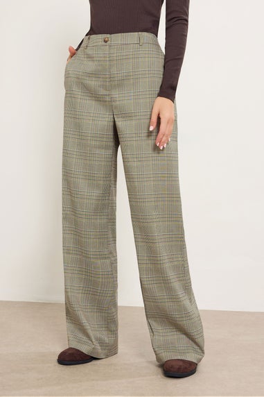 Long Tall Sally Beige Brown Check Wide Leg Trousers