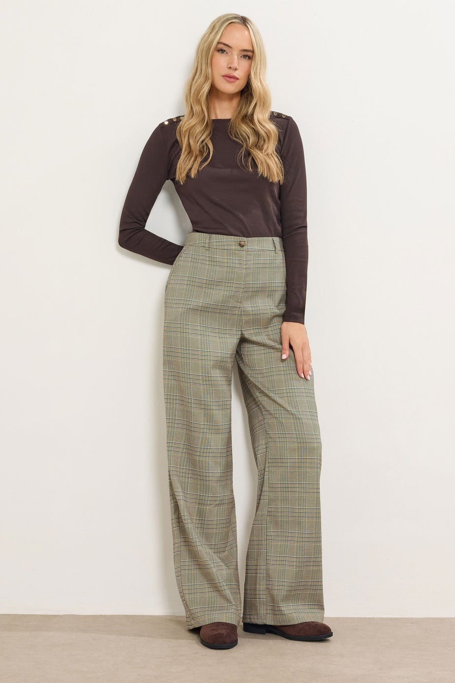 Long Tall Sally Beige Brown Check Wide Leg Trousers