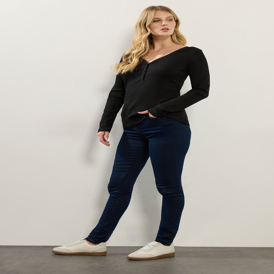 Long Tall Sally Black Cotton Ribbed Henley Top