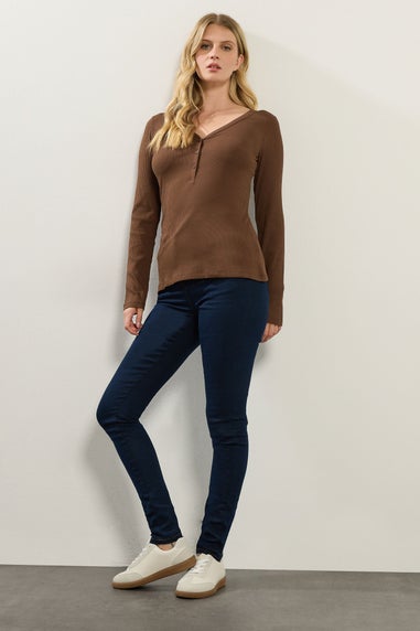 Long Tall Sally Chocolate Brown Cotton Ribbed Henley Top