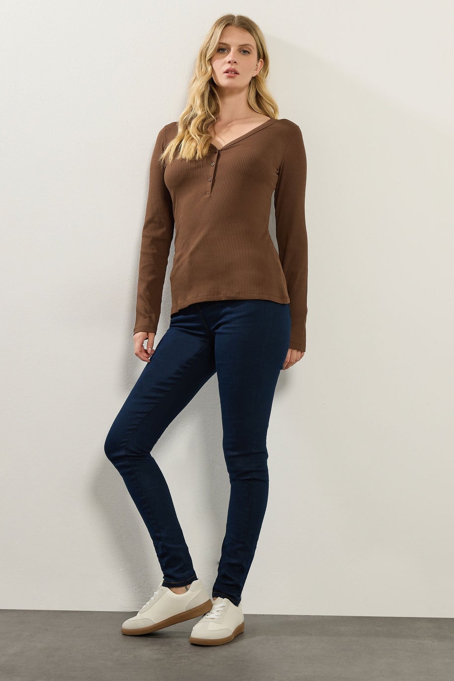Long Tall Sally Chocolate Brown Cotton Ribbed Henley Top