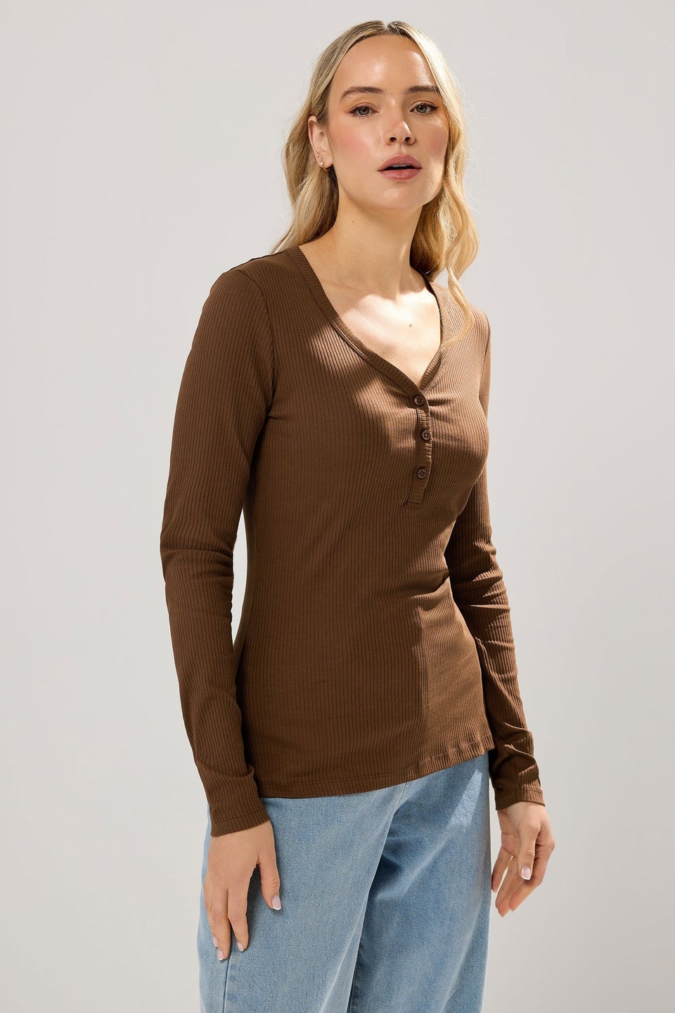 Long Tall Sally Chocolate Brown Cotton Ribbed Henley Top