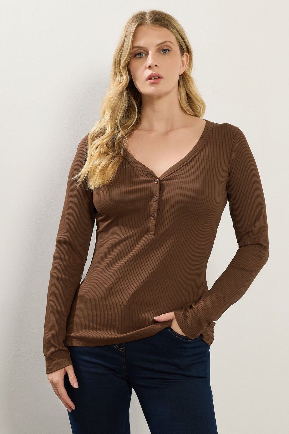 Long Tall Sally Chocolate Brown Cotton Ribbed Henley Top