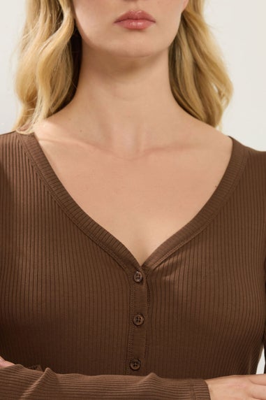 Long Tall Sally Chocolate Brown Cotton Ribbed Henley Top