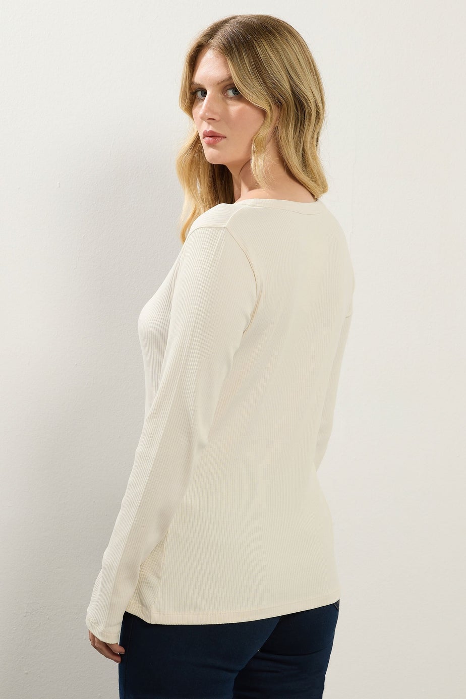 Long Tall Sally Ivory White Cotton Ribbed Henley Top