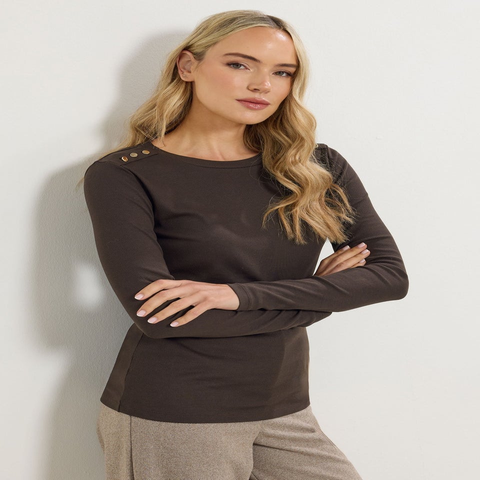 Long Tall Sally Chocolate Brown Ribbed Button Top