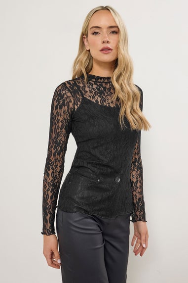 Long Tall Sally Black Floral High Neck Lace Top