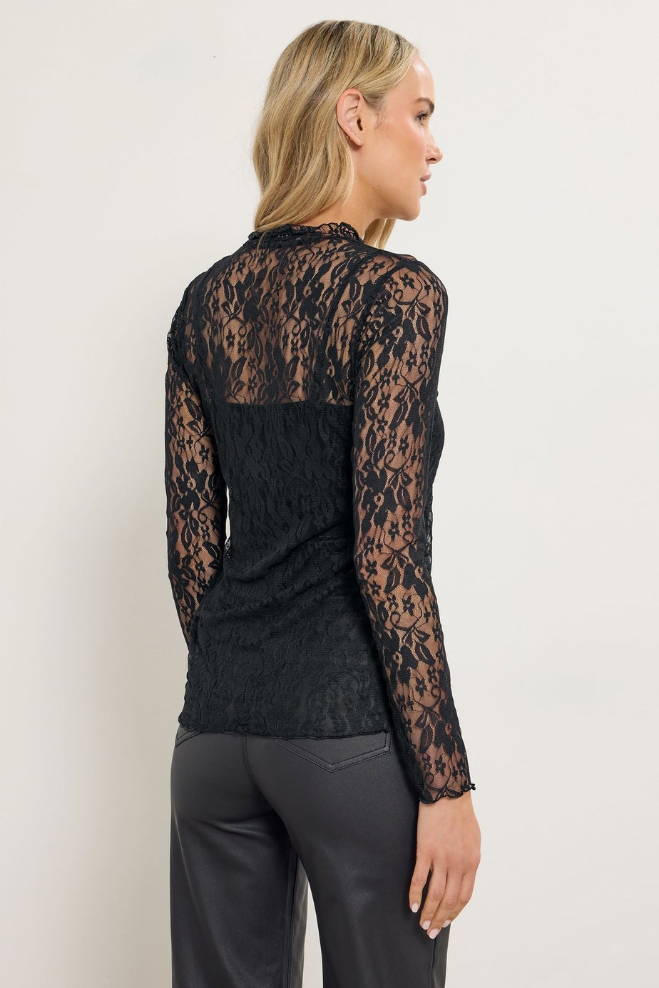 Long Tall Sally Black Floral High Neck Lace Top