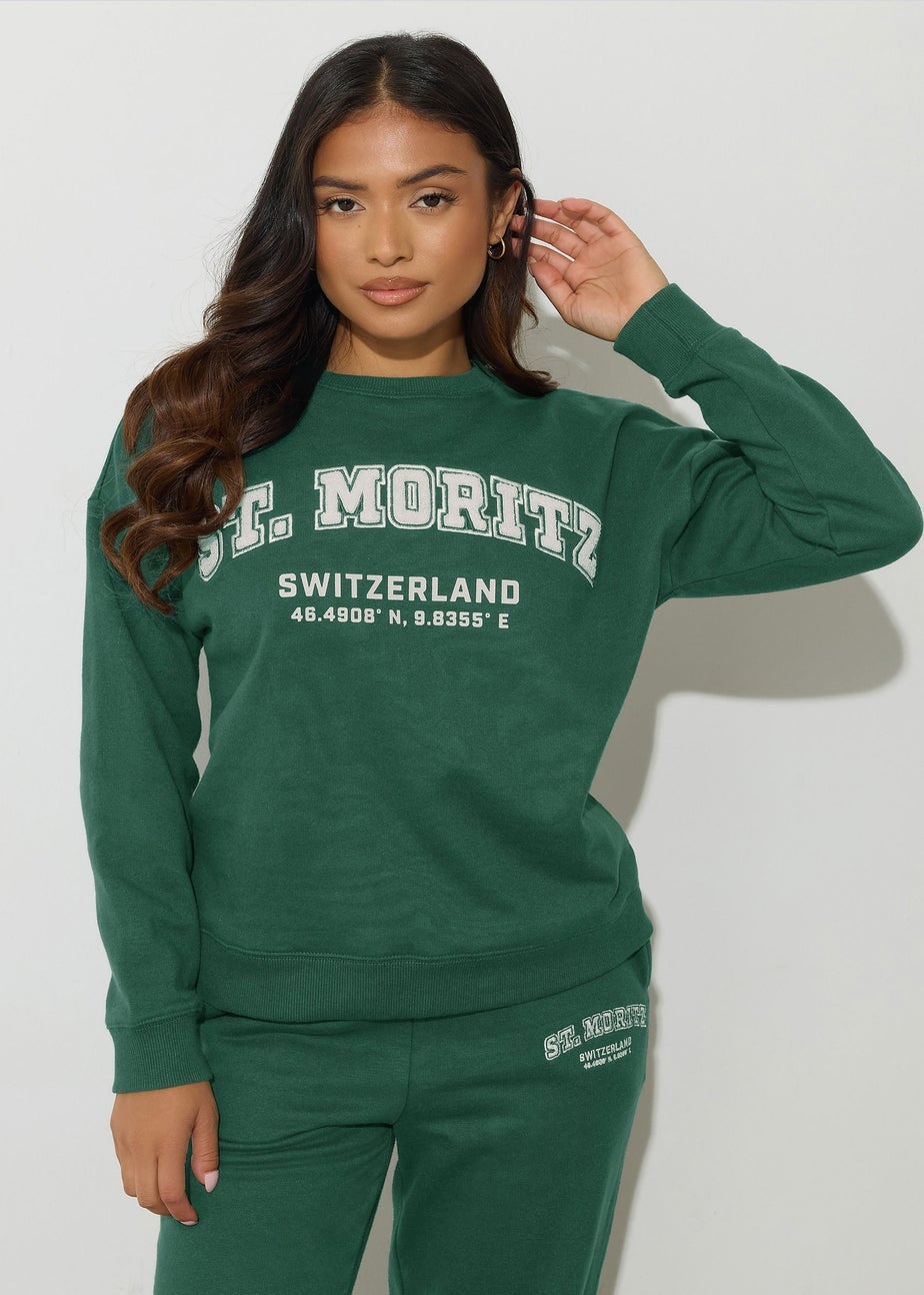 PixieGirl Petite Green St Moritz Slogan Sweatshirt