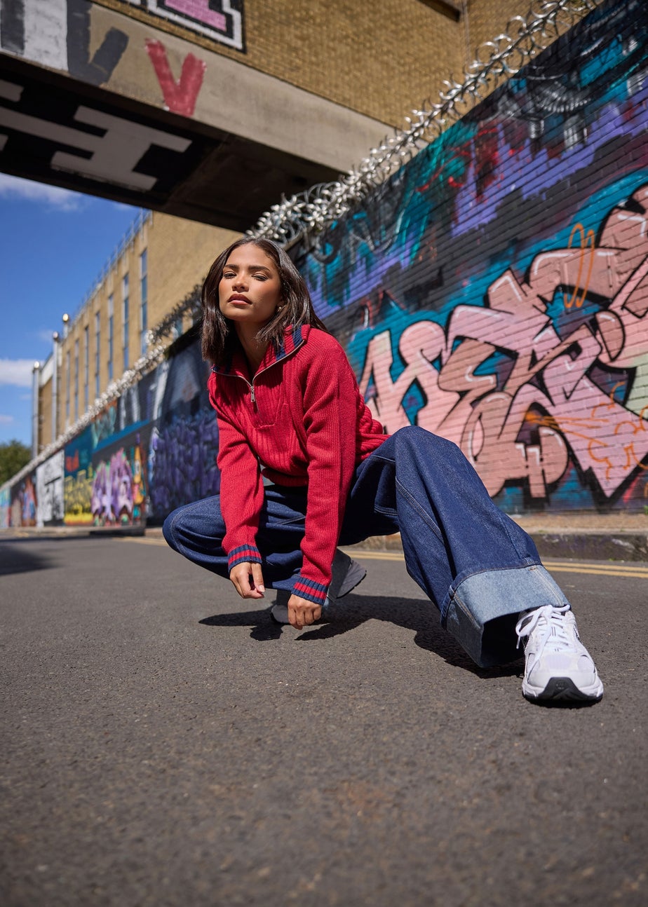 PixieGirl Petite Red Knitted Stripe Quarter Zip Jumper