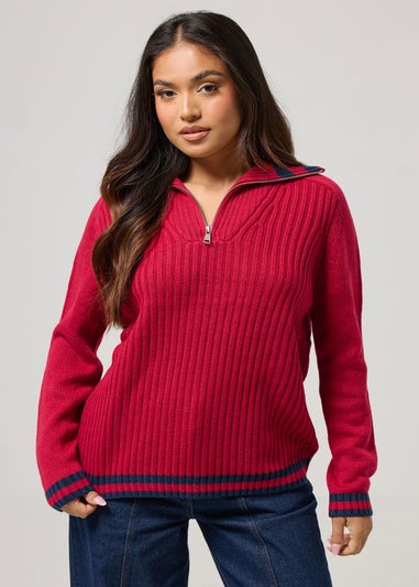 PixieGirl Petite Red Knitted Stripe Quarter Zip Jumper