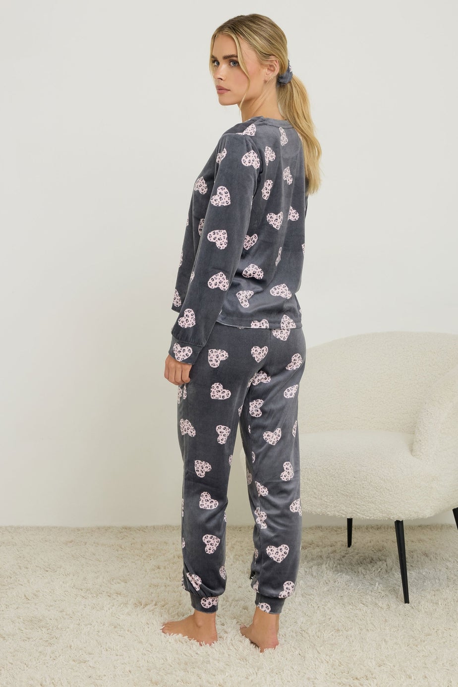 PixieGirl Petite Grey Heart Fleece Pyjama & Scrunchie Set