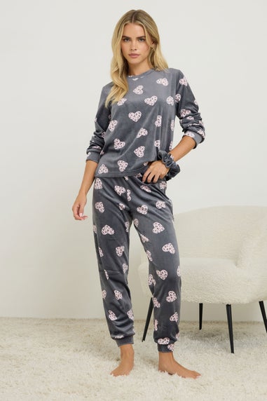 PixieGirl Petite Grey Heart Fleece Pyjama & Scrunchie Set