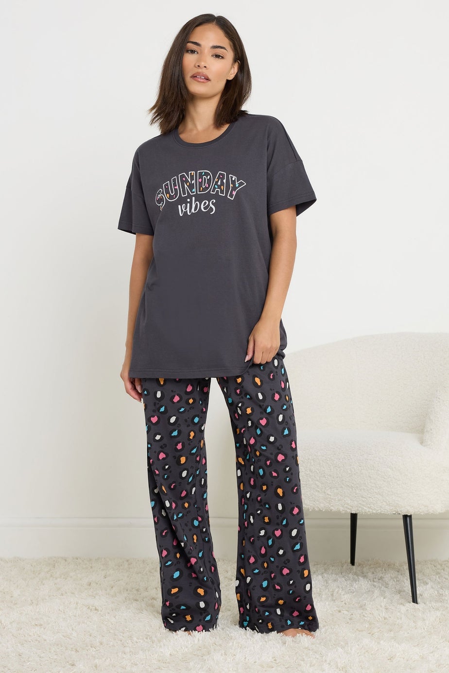 PixieGirl Petite Navy Blue Sunday Vibes Slogan Pyjama Set