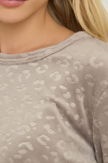 PixieGirl Petite Stone Brown Leopard Embossed Luxe Fleece Pyjama Set