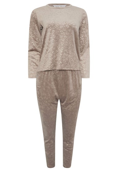 PixieGirl Petite Stone Brown Leopard Embossed Luxe Fleece Pyjama Set
