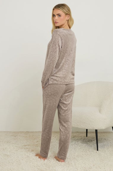 PixieGirl Petite Stone Brown Leopard Embossed Luxe Fleece Pyjama Set
