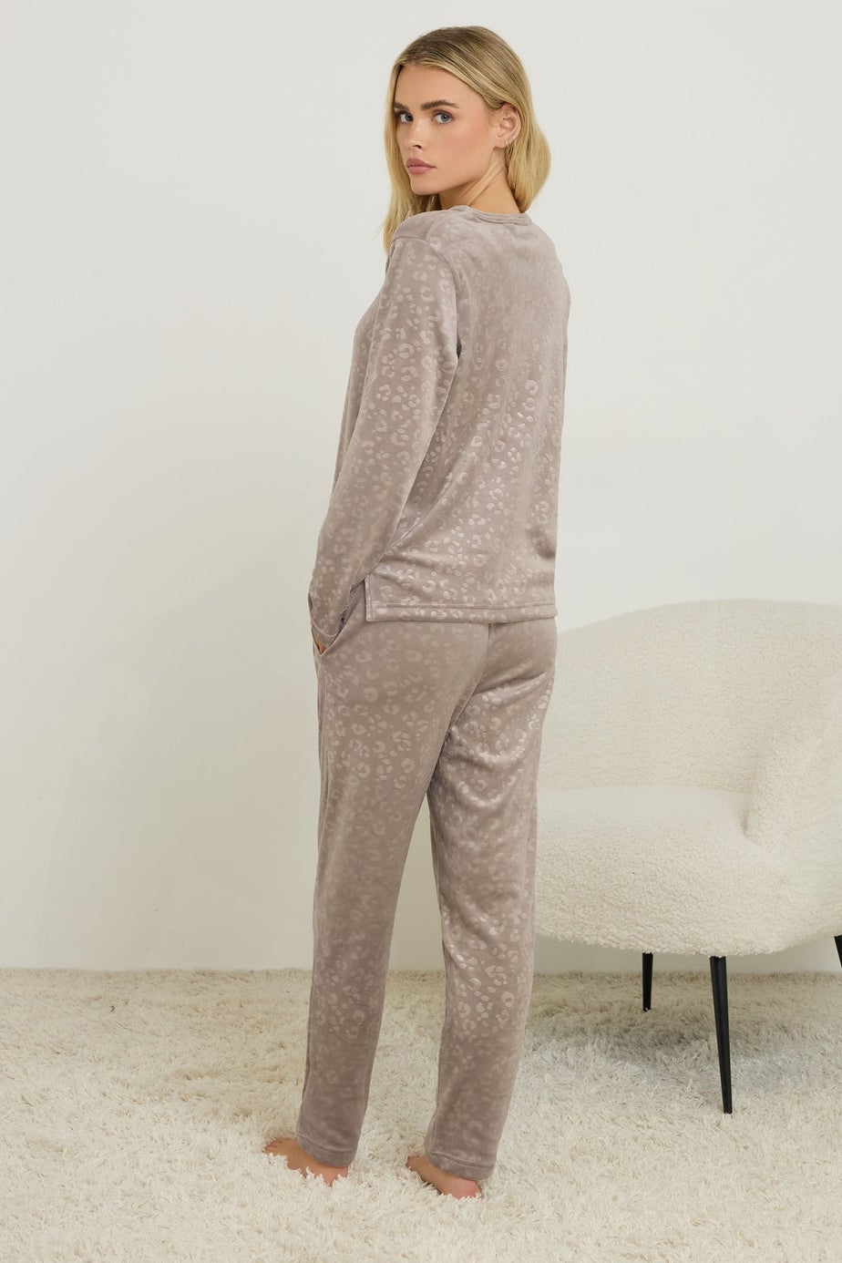 PixieGirl Petite Stone Brown Leopard Embossed Luxe Fleece Pyjama Set