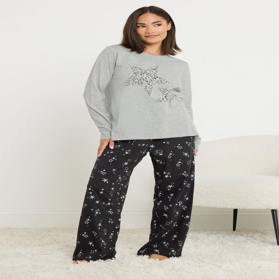 PixieGirl Petite Black Star Graphic Wide Leg Pyjama Set