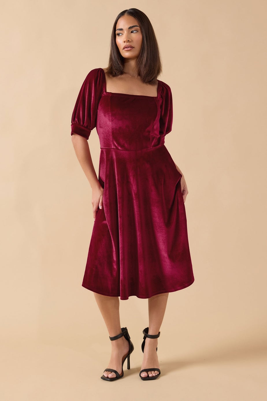 PixieGirl Petite Burgundy Red Square Neck Velvet Dress