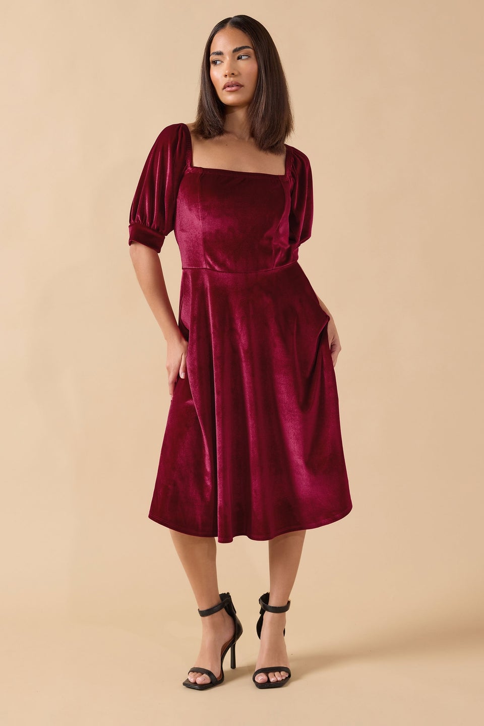 PixieGirl Petite Burgundy Red Square Neck Velvet Dress