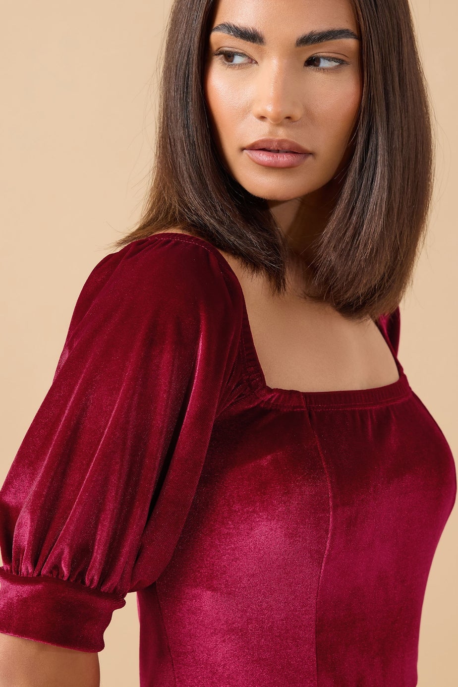 PixieGirl Petite Burgundy Red Square Neck Velvet Dress