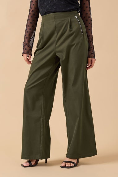 PixieGirl Petite Khaki Green Zip Pleated Trousers