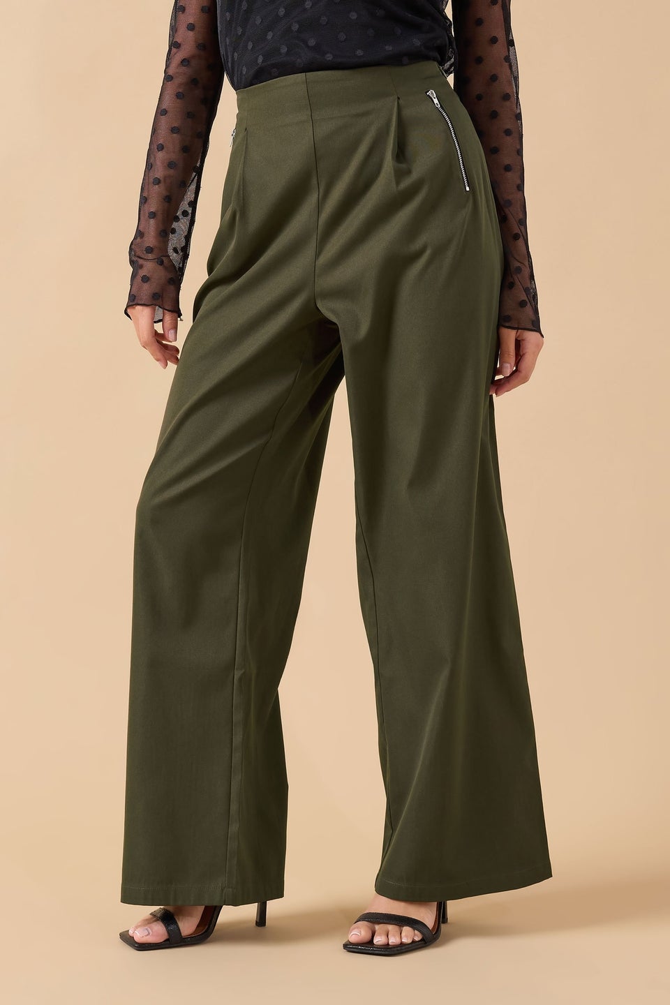 PixieGirl Petite Khaki Green Zip Pleated Trousers