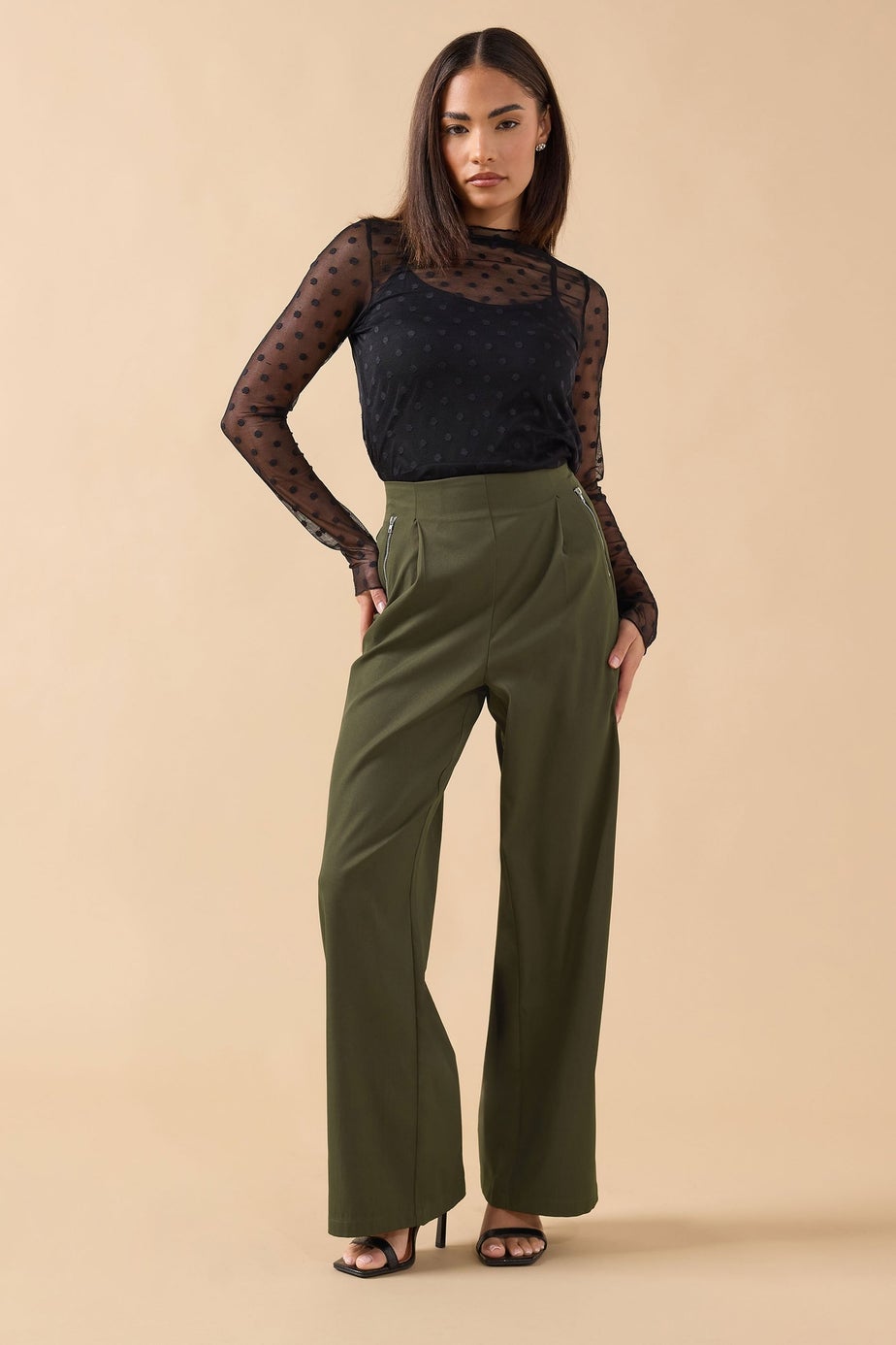 PixieGirl Petite Khaki Green Zip Pleated Trousers