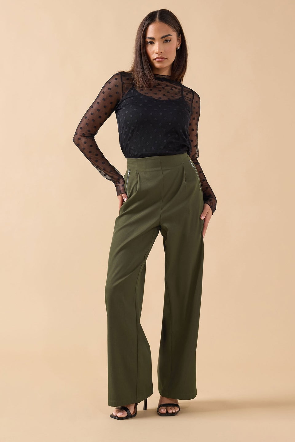 PixieGirl Petite Khaki Green Zip Pleated Trousers