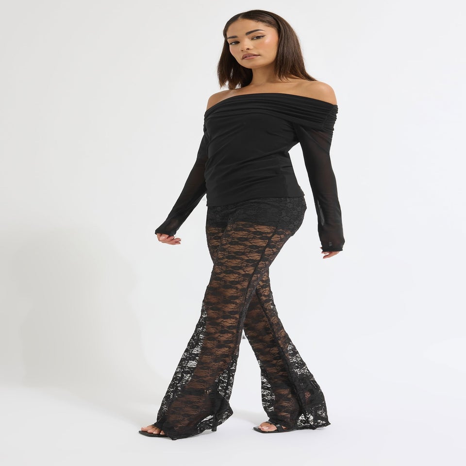 PixieGirl Petite Black Lace Kick Flare Trousers