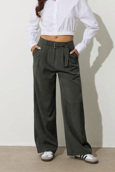 PixieGirl Petite Olive Green Buckle Wide Leg Trousers