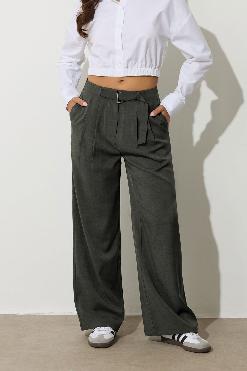 PixieGirl Petite Olive Green Buckle Wide Leg Trousers