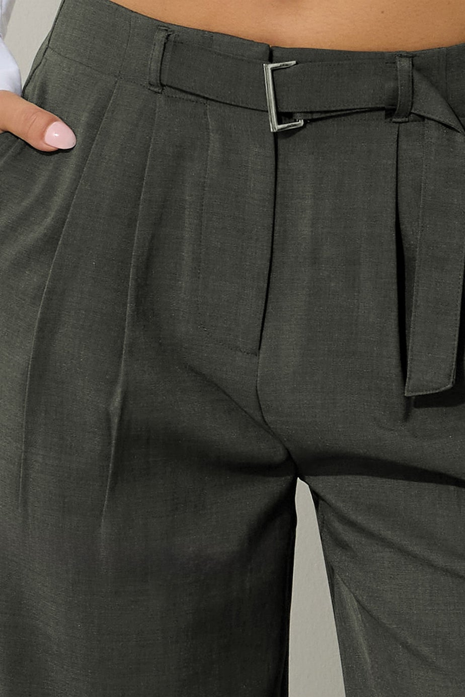 PixieGirl Petite Olive Green Buckle Wide Leg Trousers