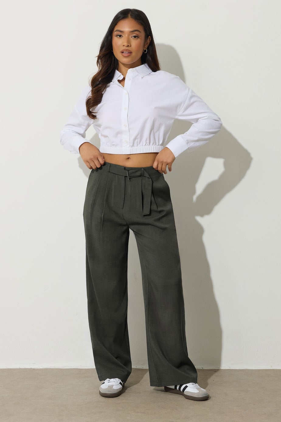 PixieGirl Petite Olive Green Buckle Wide Leg Trousers