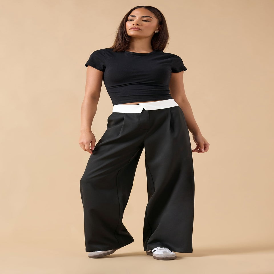 PixieGirl Petite Black Fold Over Smart Trousers