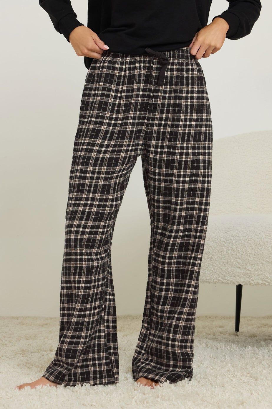 PixieGirl Petite Black Cotton Check Pyjama Bottoms
