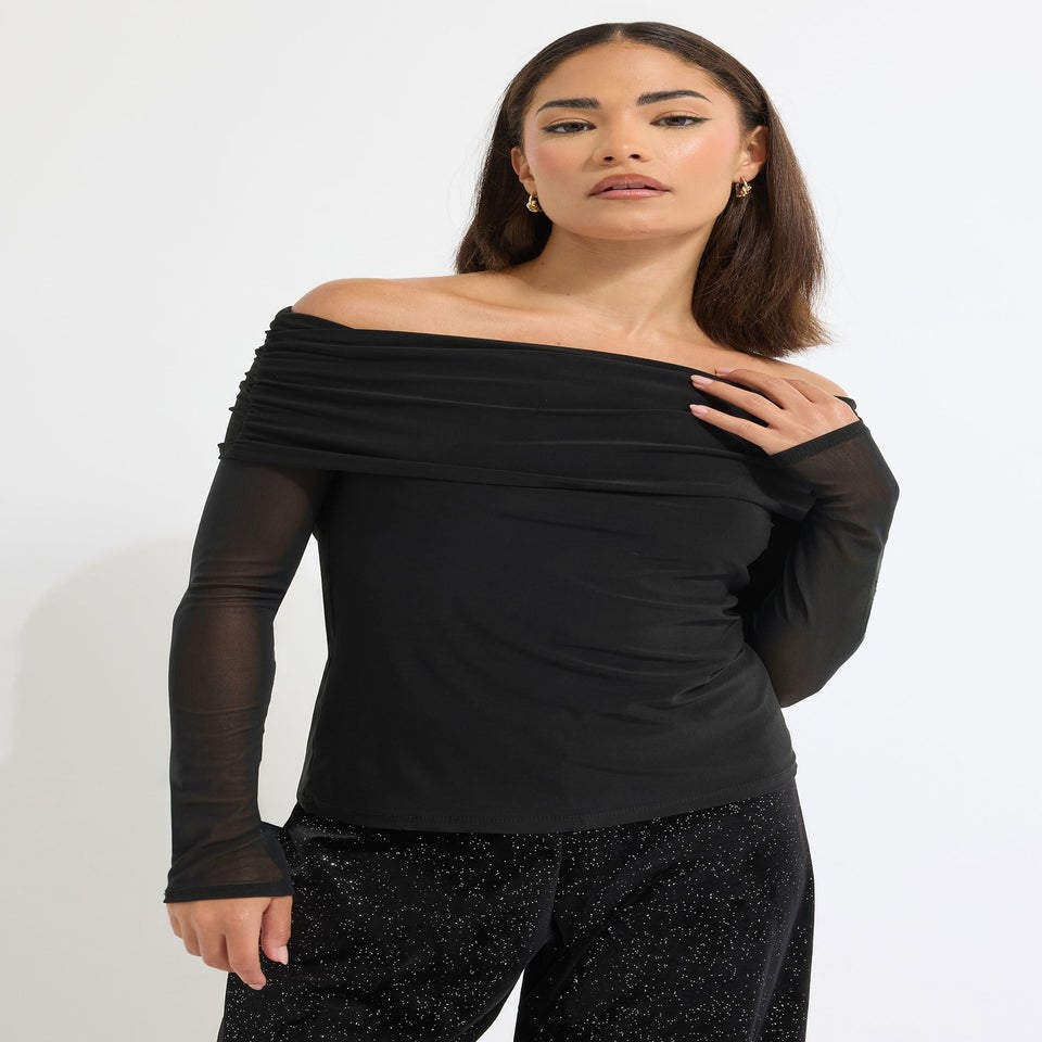 PixieGirl Petite Black Mesh Bardot Top