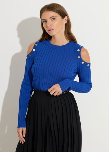Star By Julien Macdonald Blue Button Detail Cold Shoulder Jumper
