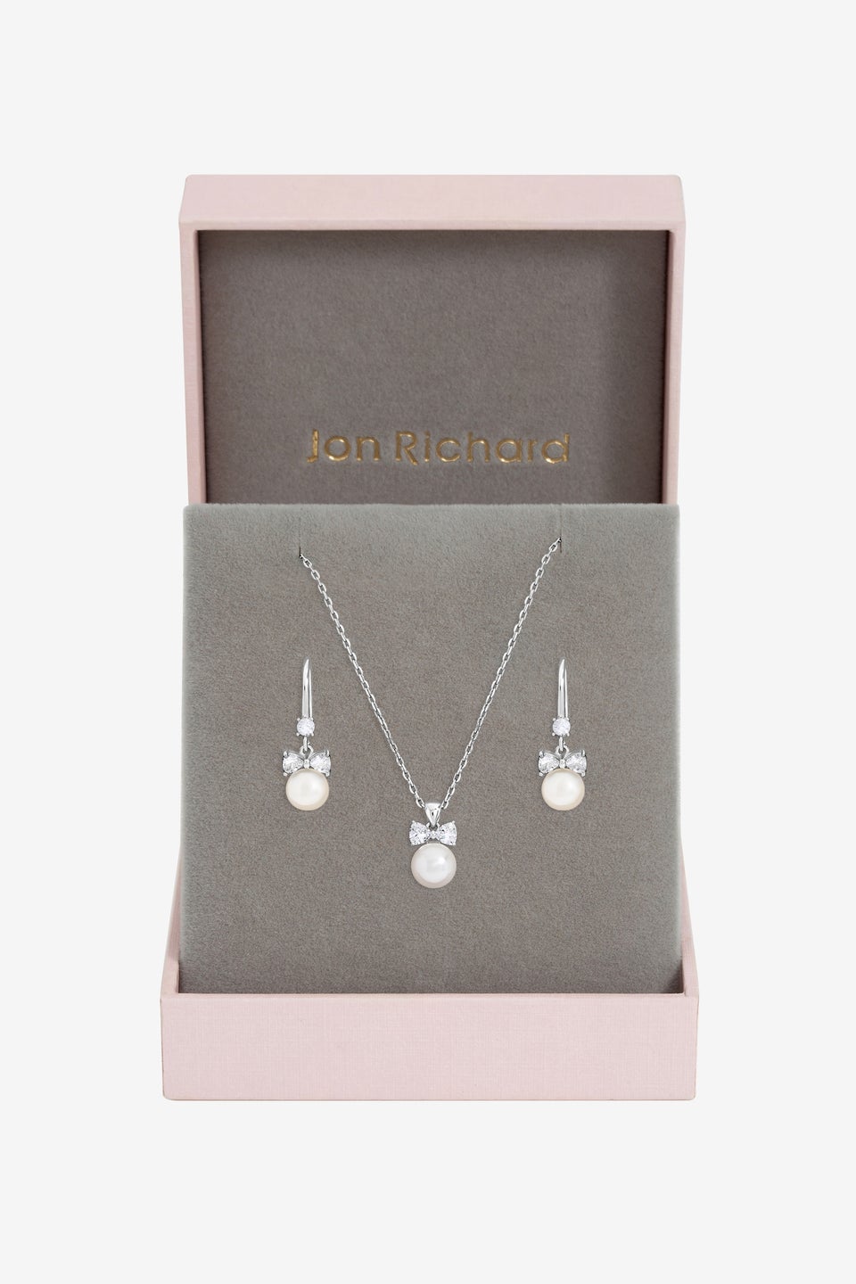 Jon Richard Rhodium Plated Crystal Bow and Pearl Drop Set Gift Box